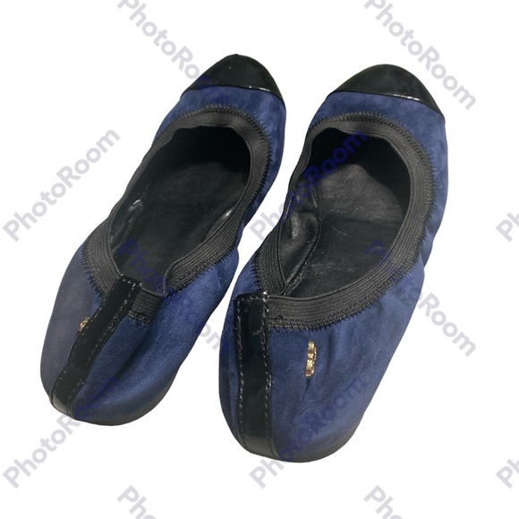 Cole Haan, size 6 1/2B ballet flat slipper/shoe navy suede, black patent lea… - Picture 3 of 8
